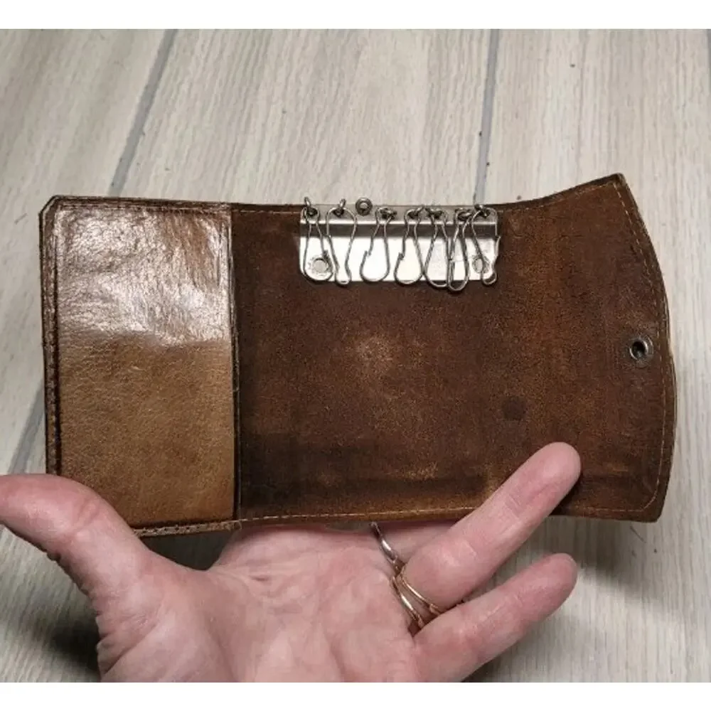 Vtg Mens Tooled Leather Bass Fish Key Case Brown 7 Key Chain Wallet Mexico